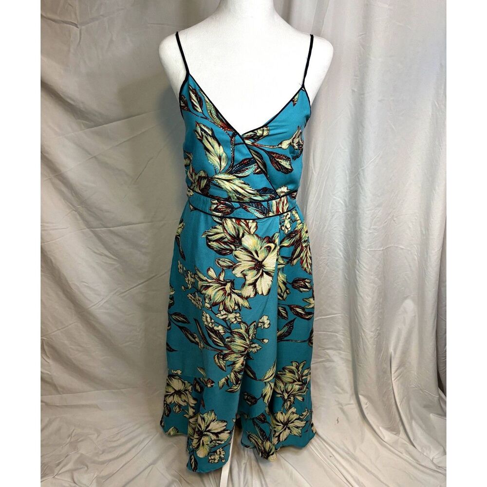 Band Of The Free Floral Blue Midi Dress Tan Open Front Flare Womens